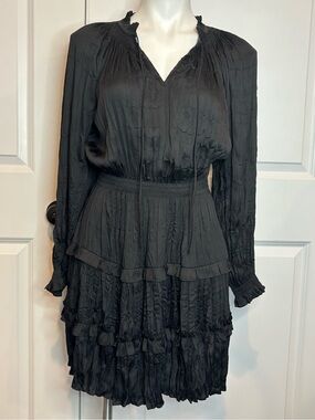 Current Air Black Textured Long Sleeve Smocked Tiered Mini Dress XS